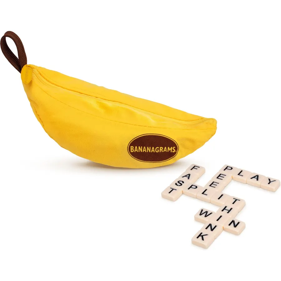 Bananagrams Classic Word Game, 144 Tiles in Banana Pouch, Travel Game
