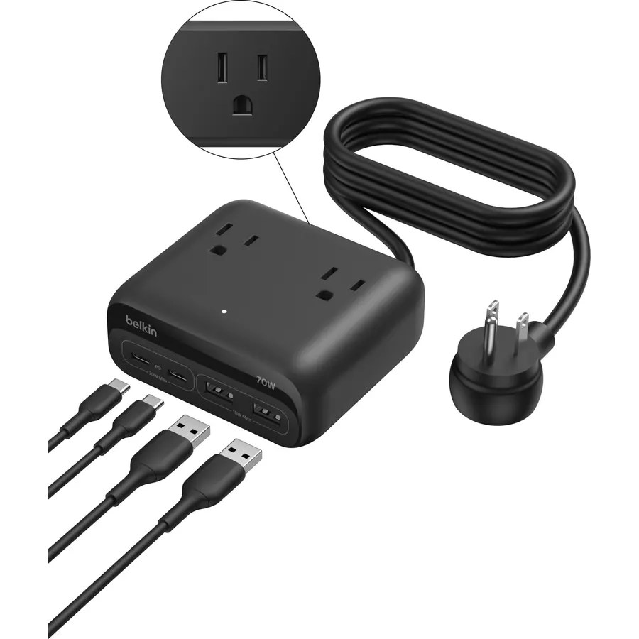 Belkin 70W GaN 7 in 1 Charging Station, 3X AC, 2X USB A, & 2X USB C Ports