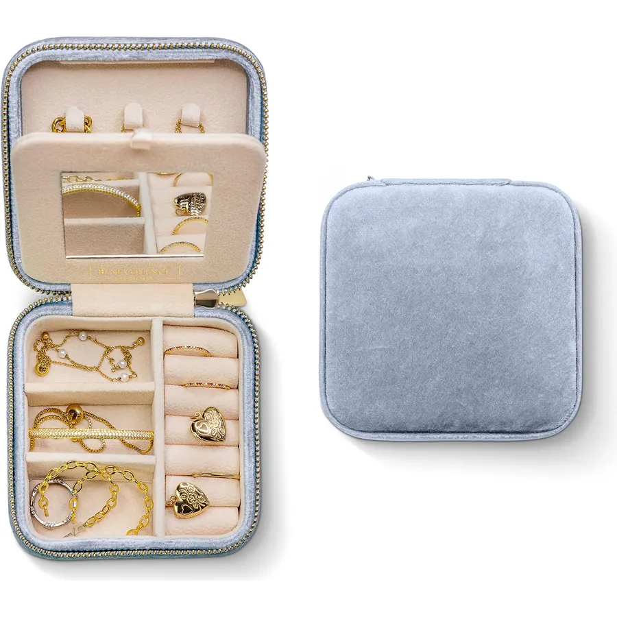 Dajasan Velvet Travel Jewelry Box, Mini Travel Jewelry Case, Small Portable Travel Jewelry Organizer Box with Mirror for Women Girls (blue), 3-layer
