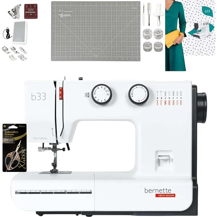 Bernette B33 Sewing Machine for Beginners | 23 Stitches | 7 Presser Feet | Automatic Buttonhole | Includes Rotary Mat, Scissor & LED Light, Threader, Bobbins, & More
