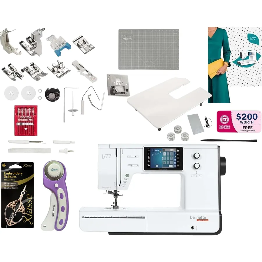 Bernette B77 Computerized Sewing Machine | Heavy Duty, Quilting Kit with Extension Table, Presser Feet, Bobbins, Needles, Rotary Cutter, LCD Display & $200 Bonus Bundle