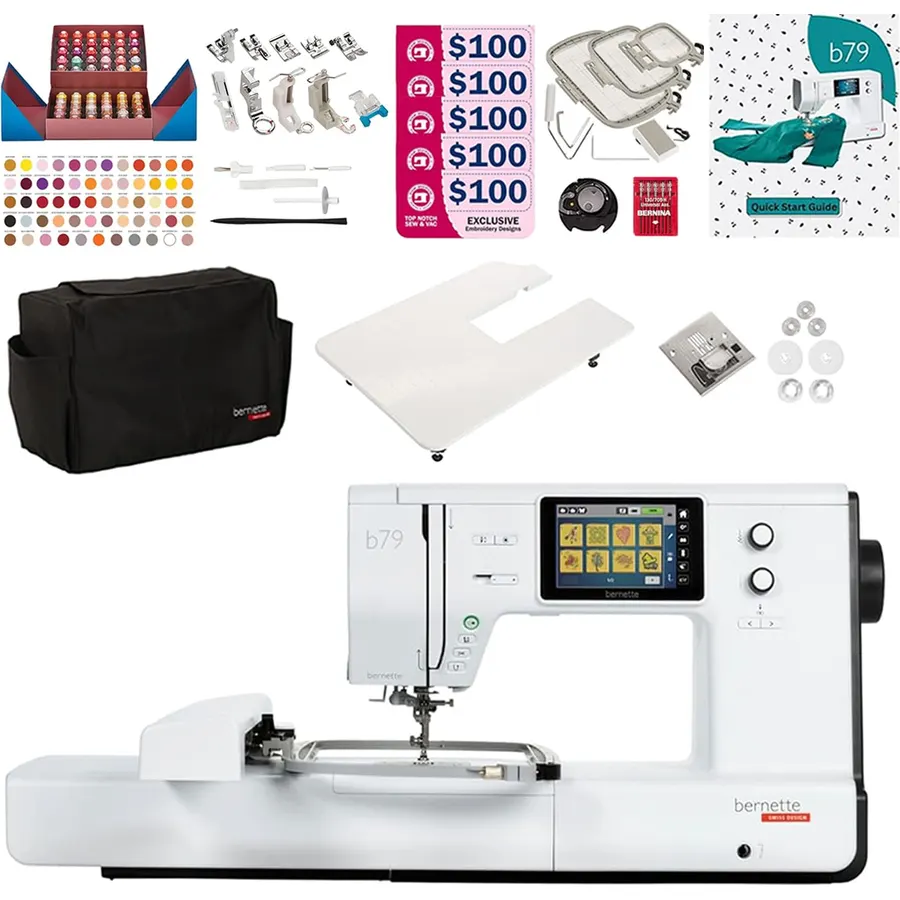 Bernette B79 Sewing and Embroidery Machine Combo | Computerized Touchscreen Machine with 3 Hoops, Sunset Thread Kit, $500+ Embroidery Design Tools, Presser Feet, Extension Table & More