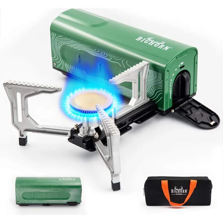 BIG HORN OUTDOORS Butane Camping Stove, Portable Folding Gas Burner with Carry Bag for Camping, Emergency Use and Outdoor Cooking
