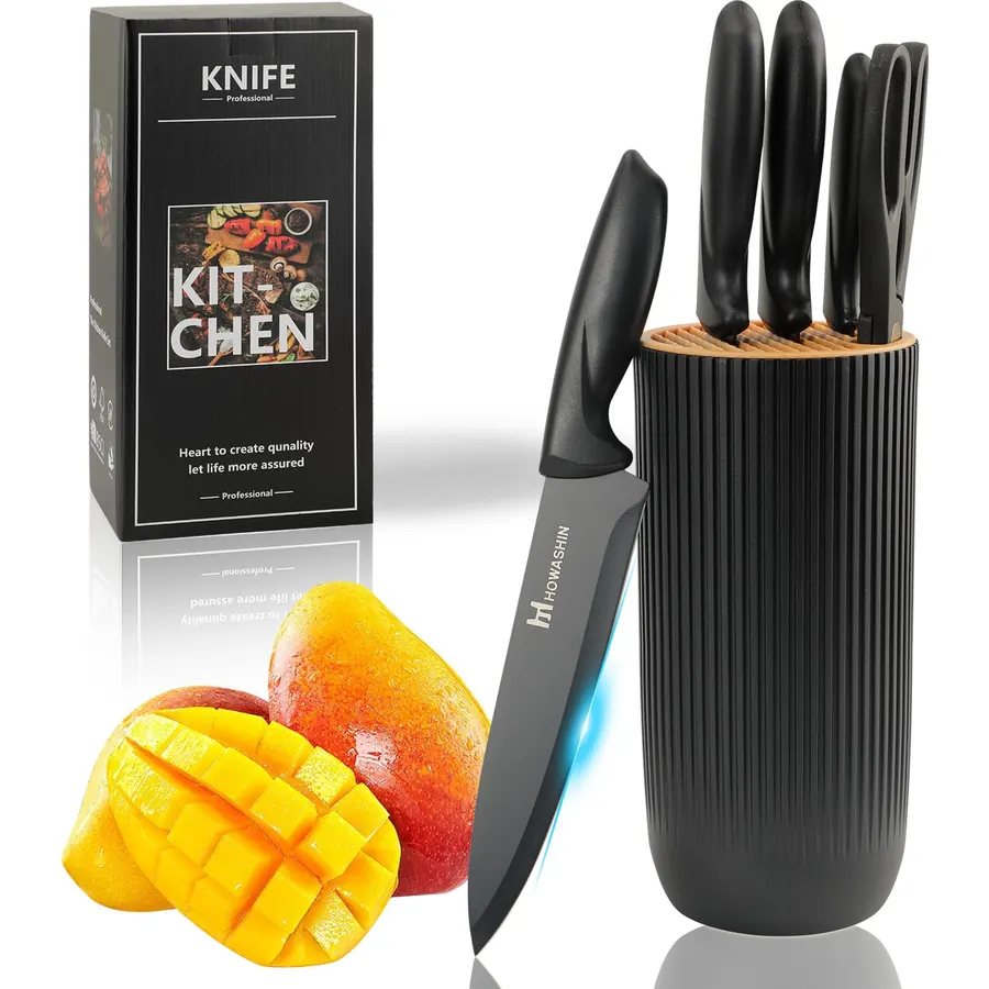 Khaki Kitchen Knife Set with Block, Professional High Carbon Stainless Steel, 6Pcs Home Kitchen Cooking Knives, Sharp Non-Stick Sharp Blade Chef 's Knife Set with Cylindrical Knife Block