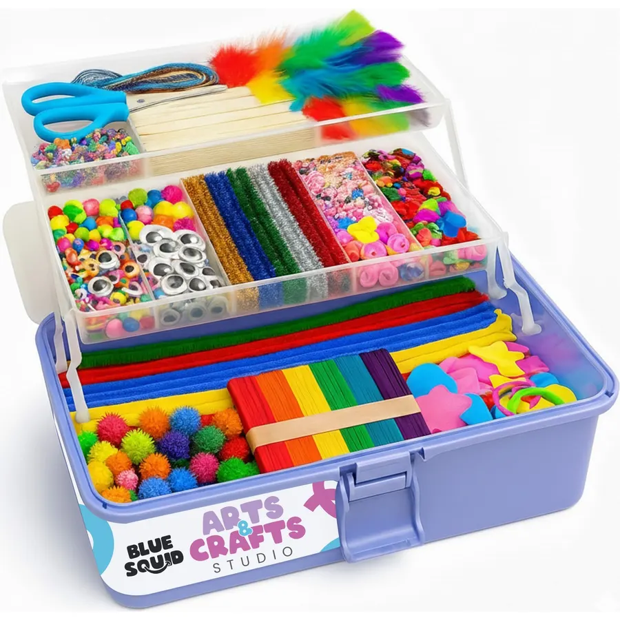 Blue Squid Arts & Crafts Box (Purple)- 2800+ pcs Deluxe Craft Supplies Box, 2 Drawers, 18 Compartments, Sturdy Handle - Art Crafting Kit Birthday Gifts for Kids, School Supply for Ages 4-12