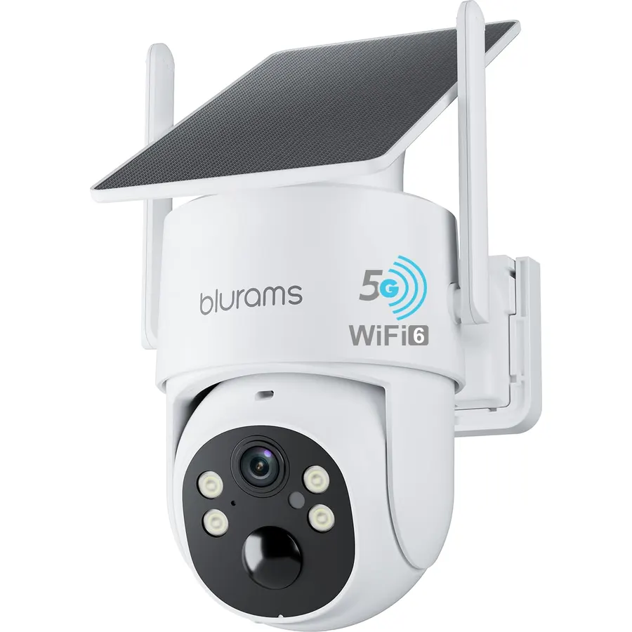 blurams 4MP Pan/Tilt Security Cameras Wireless Outdoor, 100% Wire-Free Outdoor Camera with Fixed Solar Panel, 360° View, Dual-Band WiFi 6, Human Detection, Color Night Vision, Compatible with Alexa