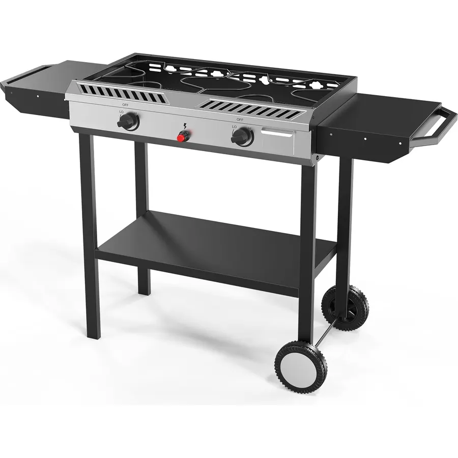 Bonnlo 2 Burner Propane Gas Burner with Auto Ignition, 150000 BTU Camping Stove with Storage Shelf and Rolling Wheels, Portable Outdoor Cooker for Patio Backyard Cooking Frying Boiling and Stewing