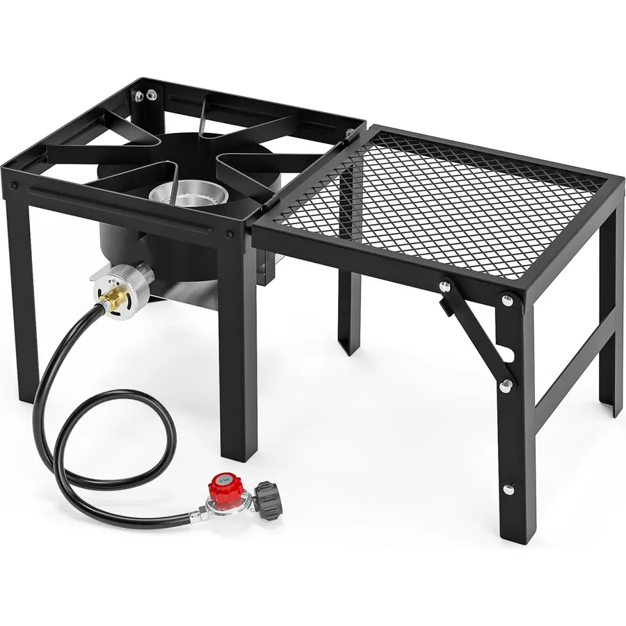 Bonnlo Single Burner Propane Stove with Foldable Side Shelf, 75000BTU Portable Propane Burner with Adjustment Regulator, Gas Stove for Outdoor Camping Patio Cooking Turkey Frying Seafood Boiling