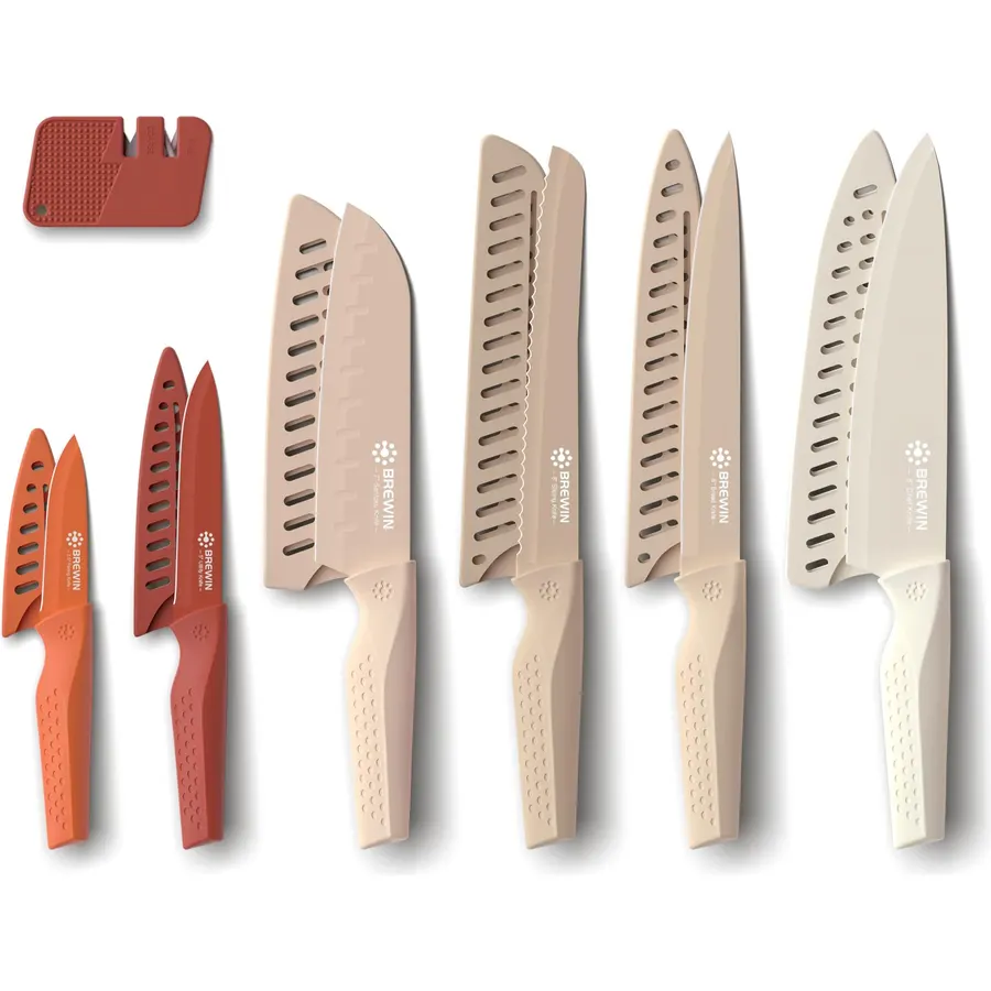 Brewin Knife set, 13 Pieces Kitchen Knives Set with Sharpener, Anti-Rust Coating and Blade Guard, Home Essentials, Camping Essentials - Muliticolor