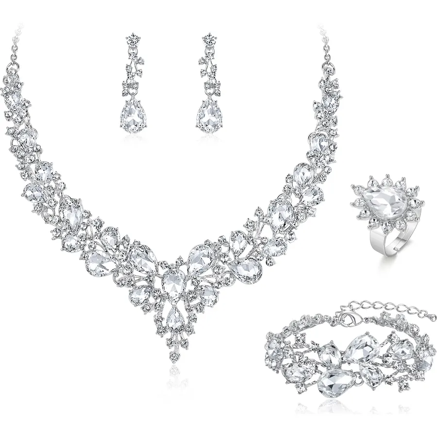 Unicra Silver Bridal Wedding Jewelry Set Sparkly Rhinestone Necklace Earrings Bracelet Sets Formal Costume Jewelry for Women and Brides
