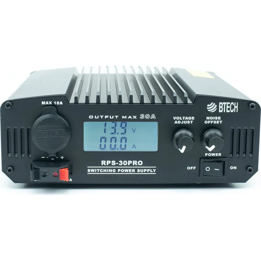 BTECH RPS-30PRO 30 Amp Regulated Universal Compact Bench Power Supply, AC-to-DC Power Convertor, 13.8V (9~15VDC Adjustable) with Noise Offset Adjustment, Includes Multiple Power Connections