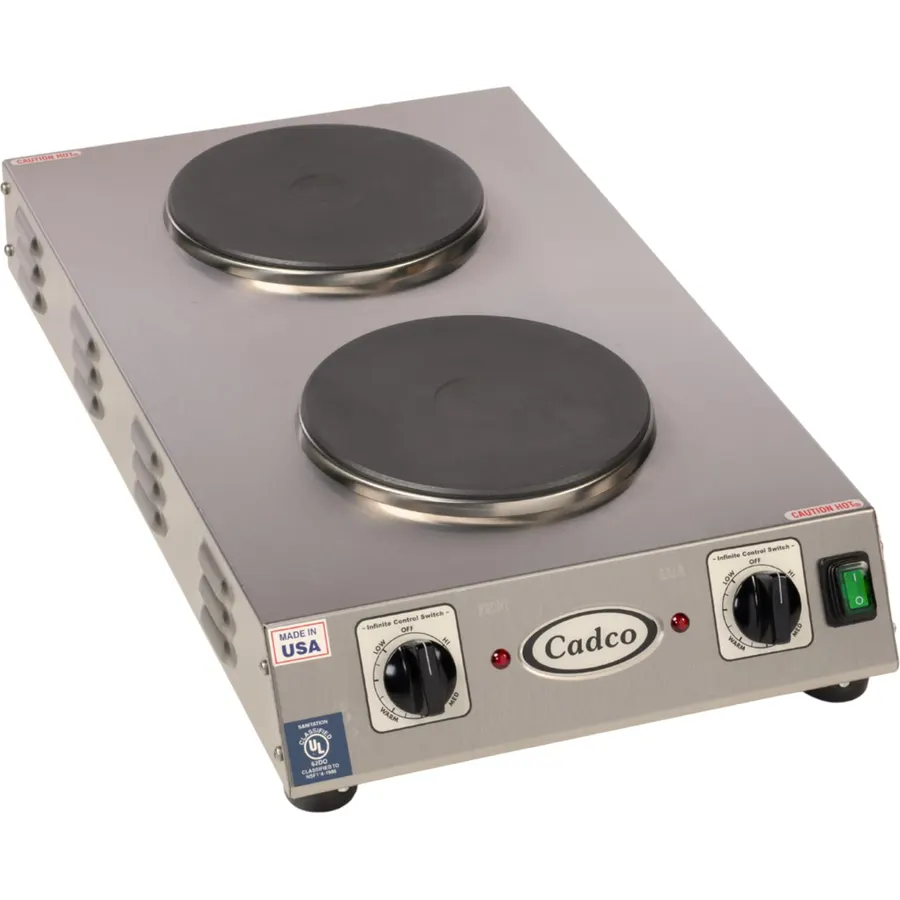 Cadco CDR-2CFB Portable Double Cast Iron Space Saver Hot Plate, Stainless Steel, 120v, For Commercial Use, 20 lbs, Heat Control, Electric Cooktop