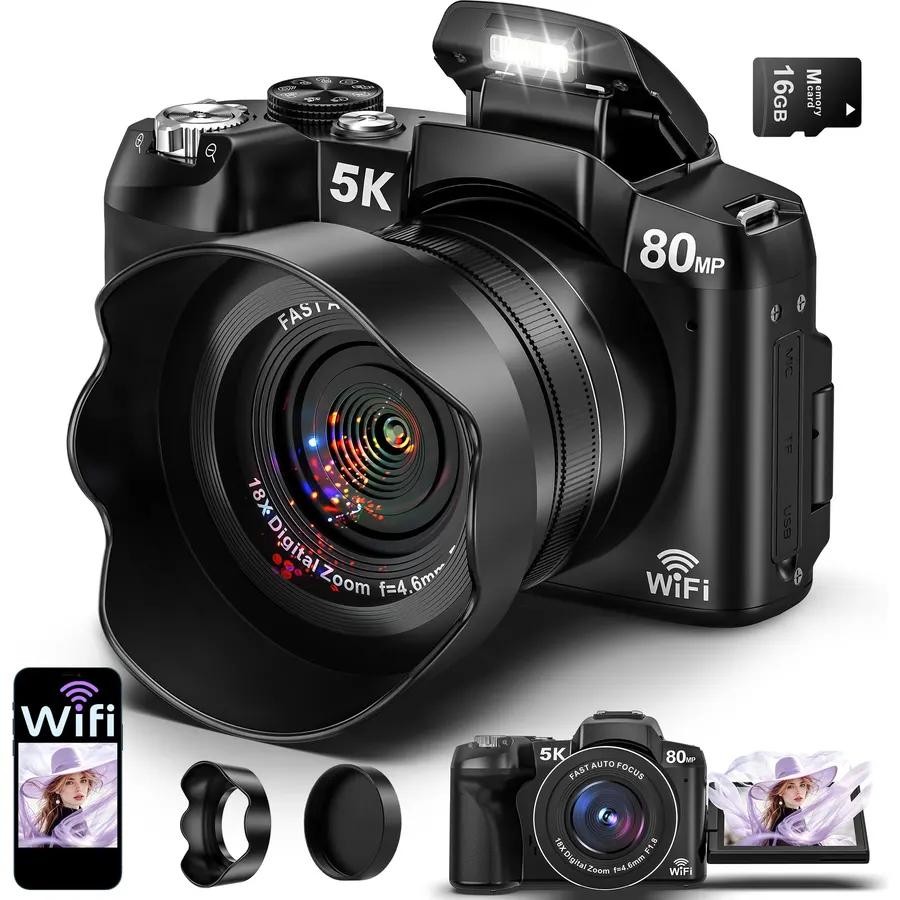 4K Digital Camera for Photography, Autofocus Anti-Shake 64MP Vlogging Camera for YouTube, 3'' 180° Flip Screen 18X Zoom Compact Camera with 64GB SD Card and 2 Batteries for Beginner Teenager, Black
