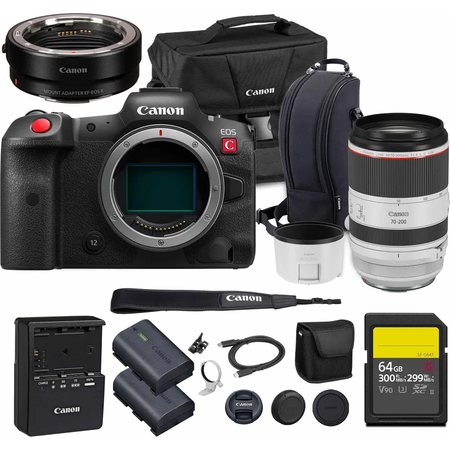 Canon EOS R5 C Mirrorless Cinema Camera 45MP Full Frame 8K RAW Video Dual Pixel AF Hybrid Photography Filmmaking Camera (5077C002) + Canon RF 70-200mm Lens + Adapter EF-EOS R + LP-E6P Battery + More