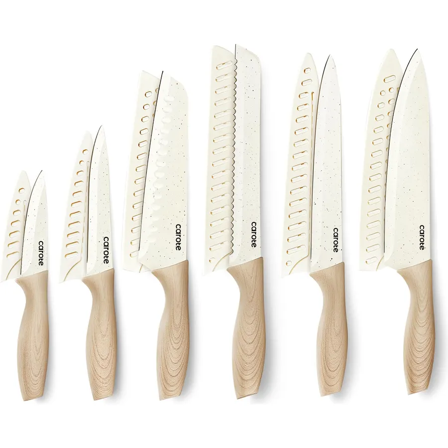 CAROTE 12-Piece Knife Set, Knives with Wood-Grain Finish Handles, Black