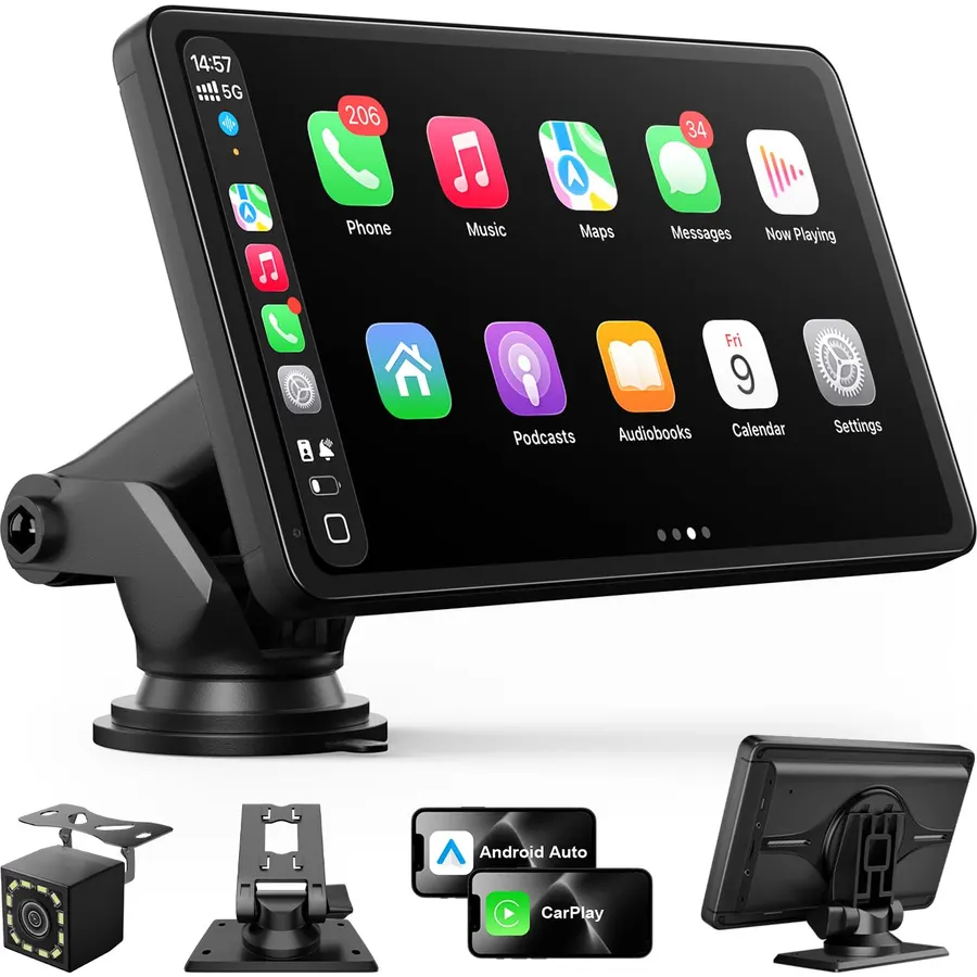 9" Carplay Screen for Car, Portable Wireless Car Play Screen for Apple CarPlay & Android Auto, OTA Updates, Backup Camera, Mirror Link, Voice Control, GPS Navigation, Bluetooth 5.0, FM/AUX