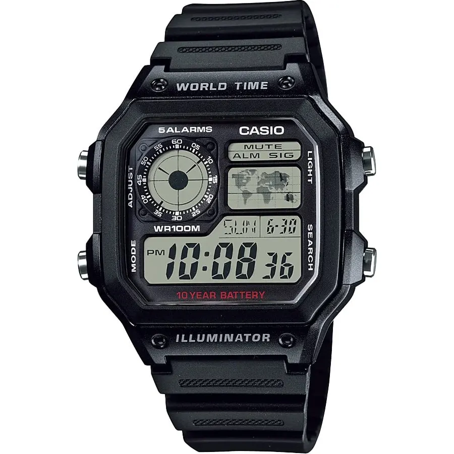Casio AE1000W Series | Men’s Digital Watch | 100M WR | Multi Alarms | 100 SEC Stopwatch | Countdown Timer | World Map for World Time | LED Light | LC Analog Display | 10 Year Battery