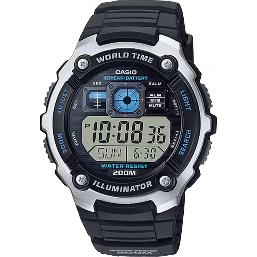 Casio Men's AE-2000W-1AV Digital Sport Watch, 200M Water Resistant, 10-Year CR2025 Battery, World Time, Mineral Glass, Stainless Steel & Resin Case, 1/100-Second Stopwatch, 5 Alarms, LED Light