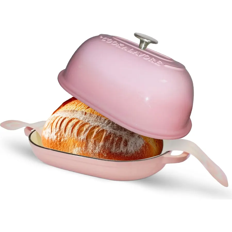 Cast Iron Bread Oven,6 QT Bread Oven,Thick Enameled Loaf Pan with Lid,Bread Pans for Homemade Bread,14.5"Dutch Oven for Bread Baking,Dutch Oven-with Silicone Baking Mat&Recipe,Gifts for Family,Pink