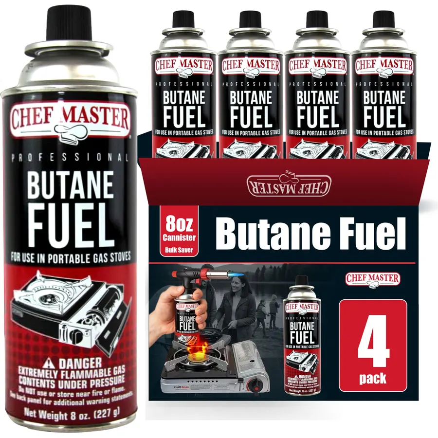 Chef Master Butane Fuel Canister, Camp Stove & Torch Refill, 8 oz, 4-Pack