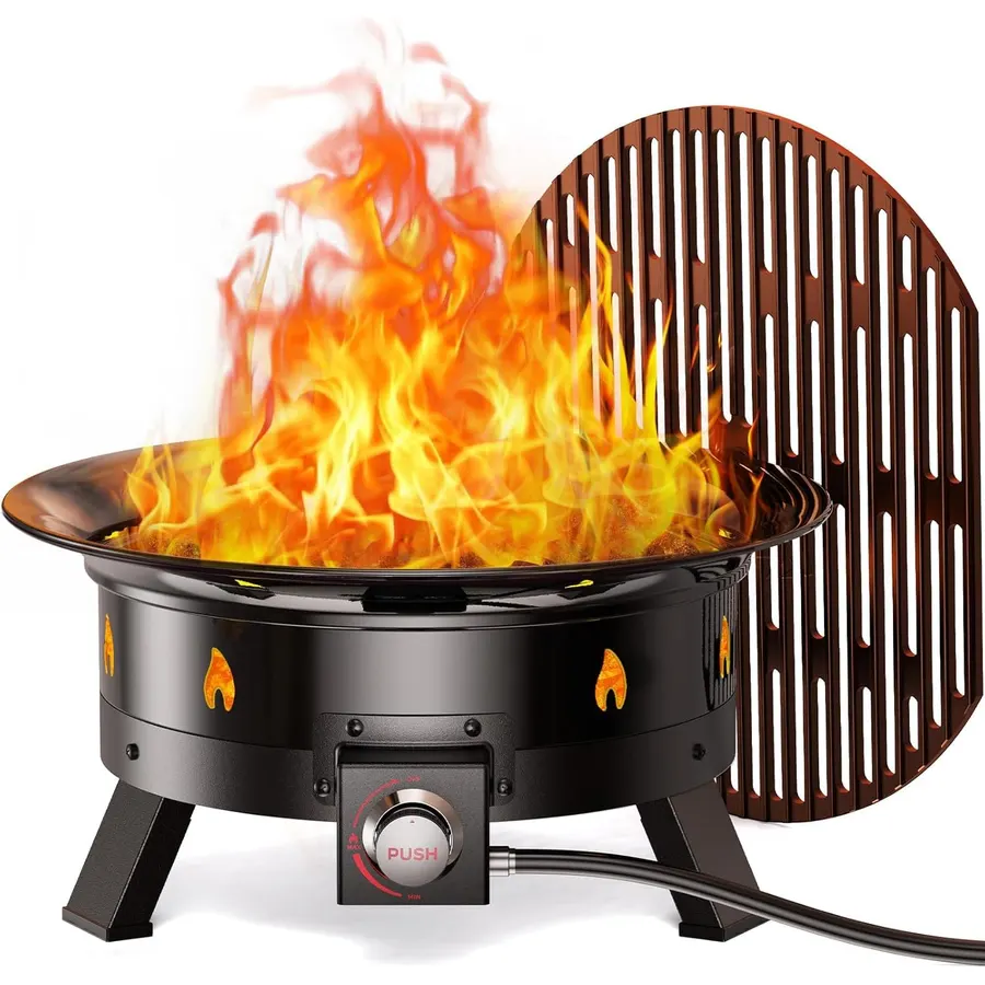 Ciays Large Propane Fire Pit 19 Inch, Gas Fire Pit with Grill Grate, Folding Legs, Hose Hooks, Propane Tank Holder, Cover & Carry Strap, Portable Outdoor Fire Pit for Camping, 58,000 BTU