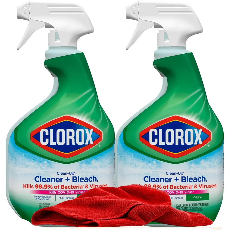 Clorox Clean-Up Cleaner Bleach Spray, 2 Pack, All Purpose Bleach Spray Trigger, Disinfects Kitchen,Bathroom,Tiles,Original Scent, Mold & Mildew Cleaner, 32 oz. Each plus red Microfiber Cleaning Cloth