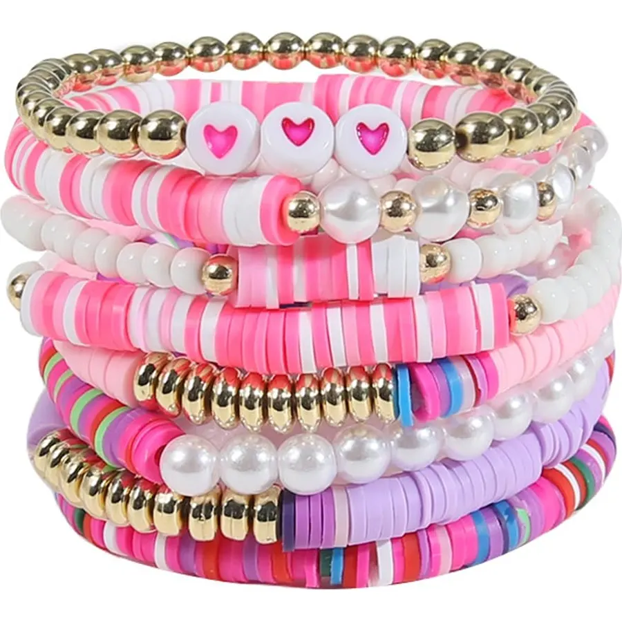 COLORFUL BLING 5-12Pcs Bohemian Love Heart Bead Bracelets for Women Vinyl Disc Heishi Surfer Stackable Stretch Bracelet Summer Beach Boho Jewelry