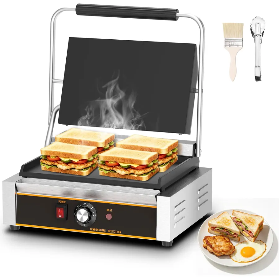 Commercial Panini Press - 2200W Electric Panini Sandwich Grill w/Nonstick Coating & Adjustable Temp, Panini Grill Press w/14"x9" Cooking Pan (Grooved Top & Flat Bottom), Double-sided Heating