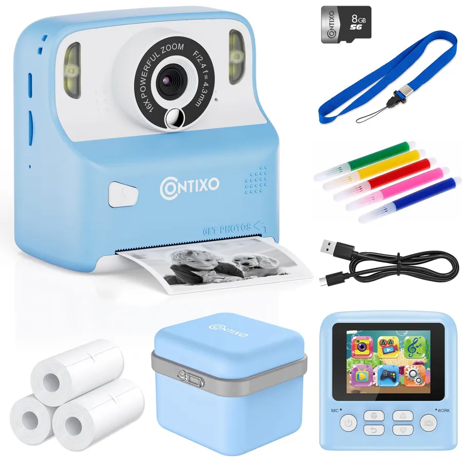 Contixo KC2A Kids Instant Print Camera with 2.4” Screen, 12MP Photo, 1080P Video, 3 Print Rolls, MP3 Player, Type-C Charging – Fun Digital Camera Gift for Girls & Boys Ages 4–12 Blue