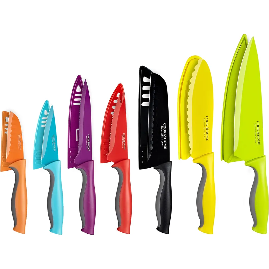 Cook N Home Basics Cutlery Kitchen Knife Set, Coated Carbon Stainless Steel Knife Set with Sheaths, Non-stick Sharp Blades, Multicolor, 14-Piece with Ergonomic Handles