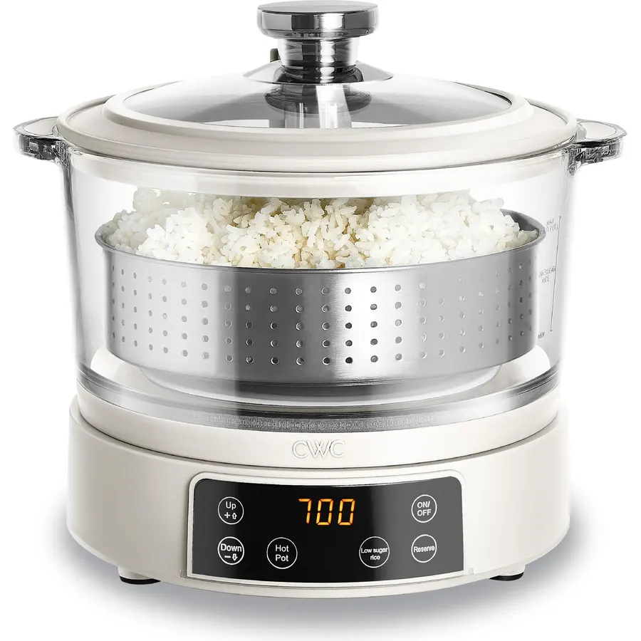 COOK WITH COLOR Glass Mini Low Carb Rice Cooker – Holds 2 Cups Raw/Makes 6 Cups Cooked with Auto Lift Filter Basket, Hotpot & Steamer for Rice, Grains, Digital Panel with Keep Warm, Cream