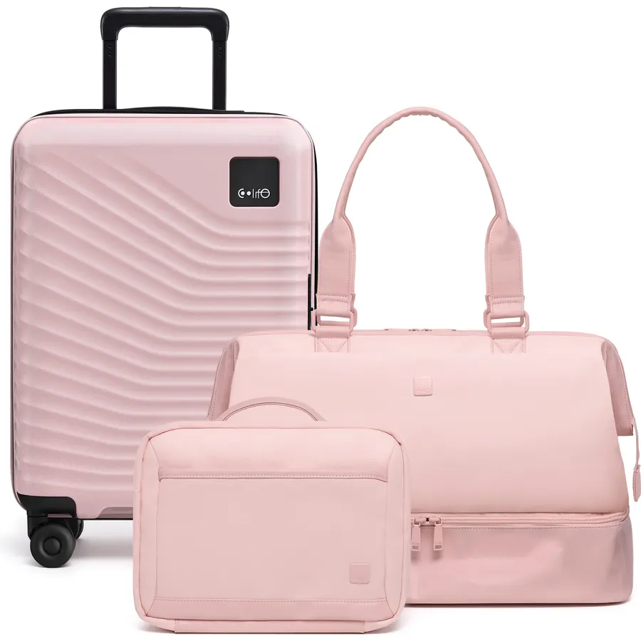 Amazon Basics 3-Piece Luggage Set with Spinner Wheels, Including 22" Expandable Hardside Carry-On Suitcase, 15-inch Tote Bag, and 10-inch Compact Travel Bag, Black