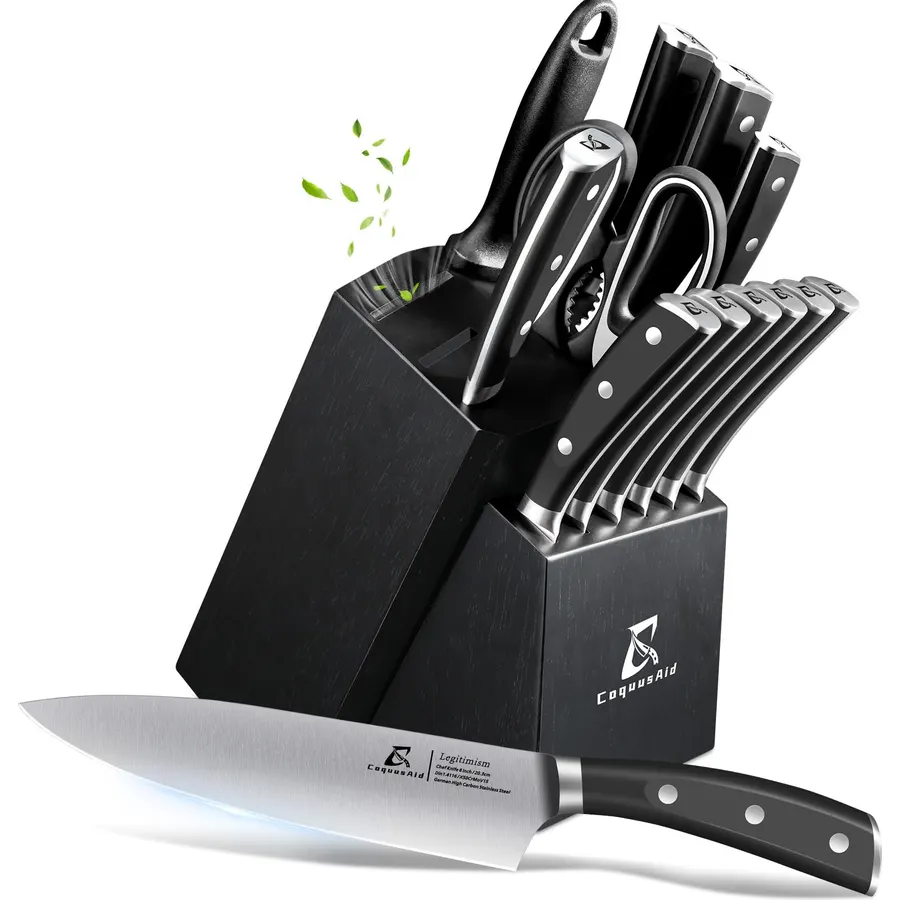 CoquusAid 15-Piece Kitchen Knife Set with Rubber Wood Block, New Upgrade
