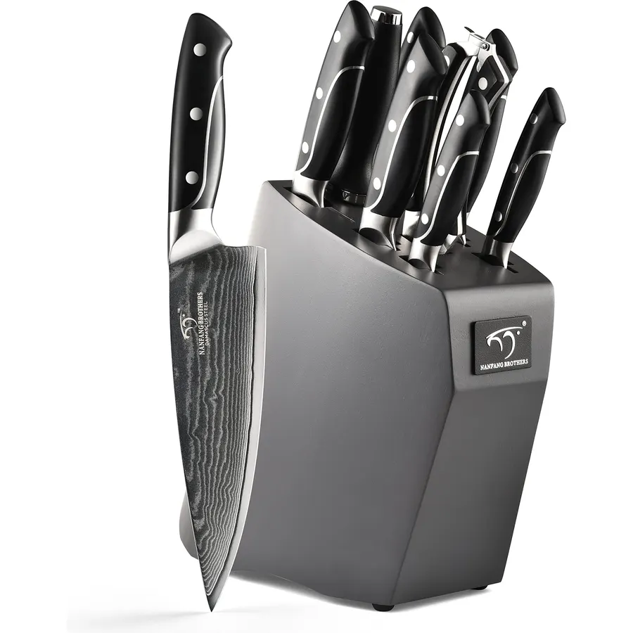 Damascus Kitchen Knife Sets, 9 Pieces Kitchen Knives Set with Block, ABS Ergonomic Handle for Chef Knife Set, Knife Sharpener and Kitchen Shears, Knife Block Set