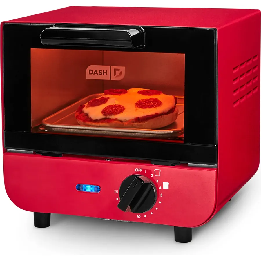 Dash Mini Toaster Oven | Small Toaster Oven for Dorms, Apartments, & Small Kitchens, Adjustable Timer Dial with Auto Shutoff, Removable Cooking Tray & Crumb Catch, Red