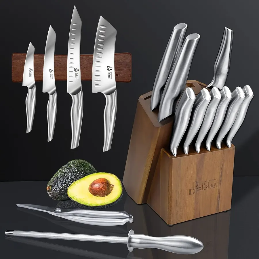 DDF iohEF 16 Piece Kitchen Knife Set with Block 6 Piece Steak Knife, Ultra Sharp Chef Knife Set with Sharpener