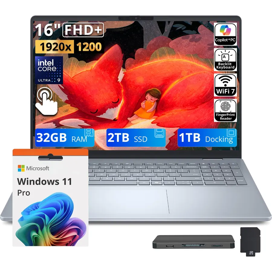 Dell Plus 16" FHD+ Touchscreen Laptop, Intel Core Ultra 9 288V, 32GB RAM, 3TB Storage(2TB SSD+1TB Docking Station), Intel Arc Graphics, Backlit Keyboard, Fingerprint, Copilot+ PC, Win 11 Pro, Blue