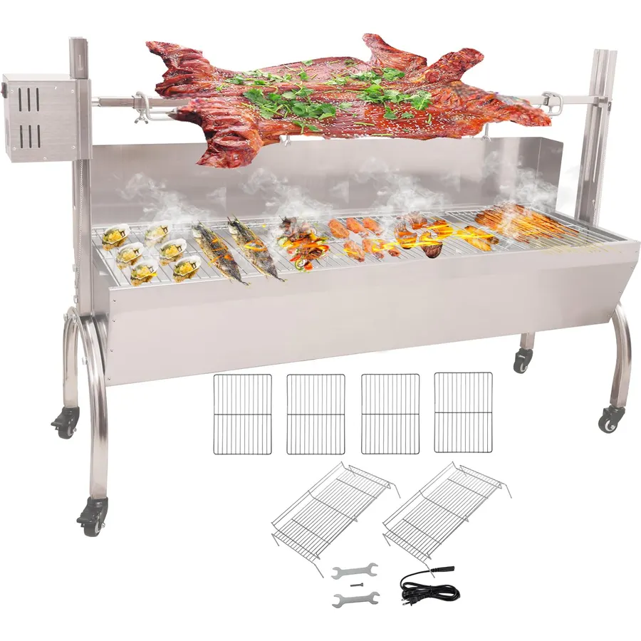 DEWOSEN 50W Rotisserie Grill With Wind Screen - 51 Inch BBQ Outdoor Pig & Lamb Spit Roaster - 132LBS/60KG Stainless Steel Charcoal Spit Rotisserie Grill for Camping & Outdoor Barbecue