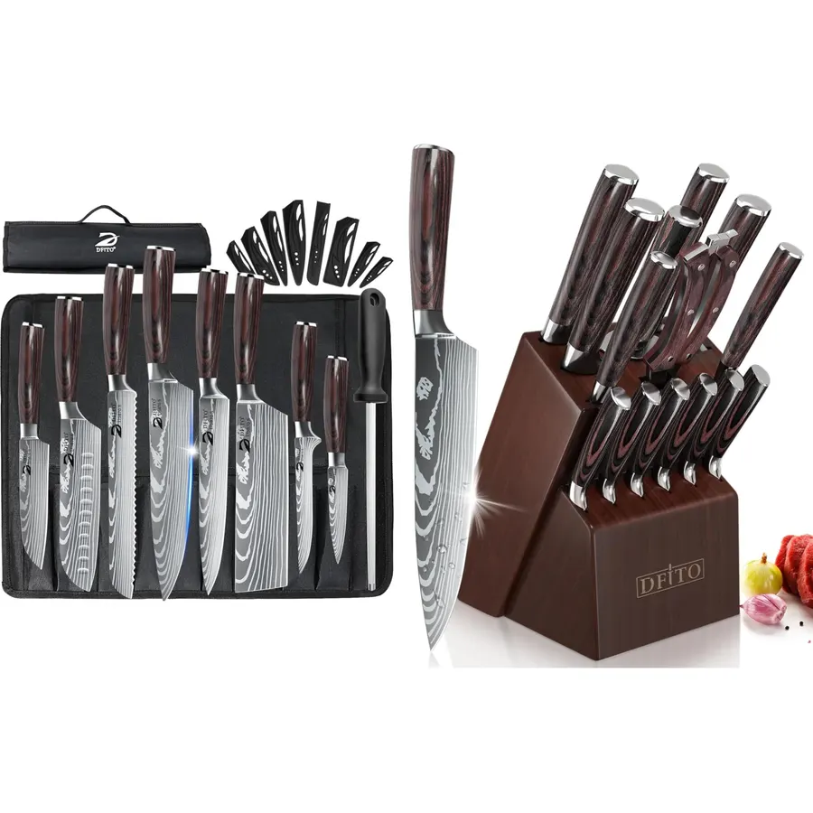 Dfito Chef Knife Sets with Roll Bag Knife Block Set,15 PCS Knife Set with Block