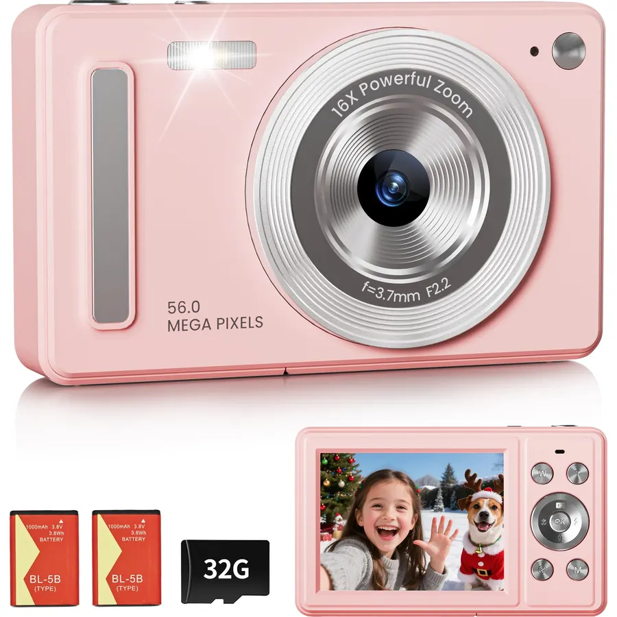 Digital Camera, 44MP FHD 1080P Point and Shoot Digital Camera with Anti Shake, Small Digital Camera with Face Detect, 32GB SD Card, 16X Zoom Camera for Kids, Teens, Boys, Girls Blue