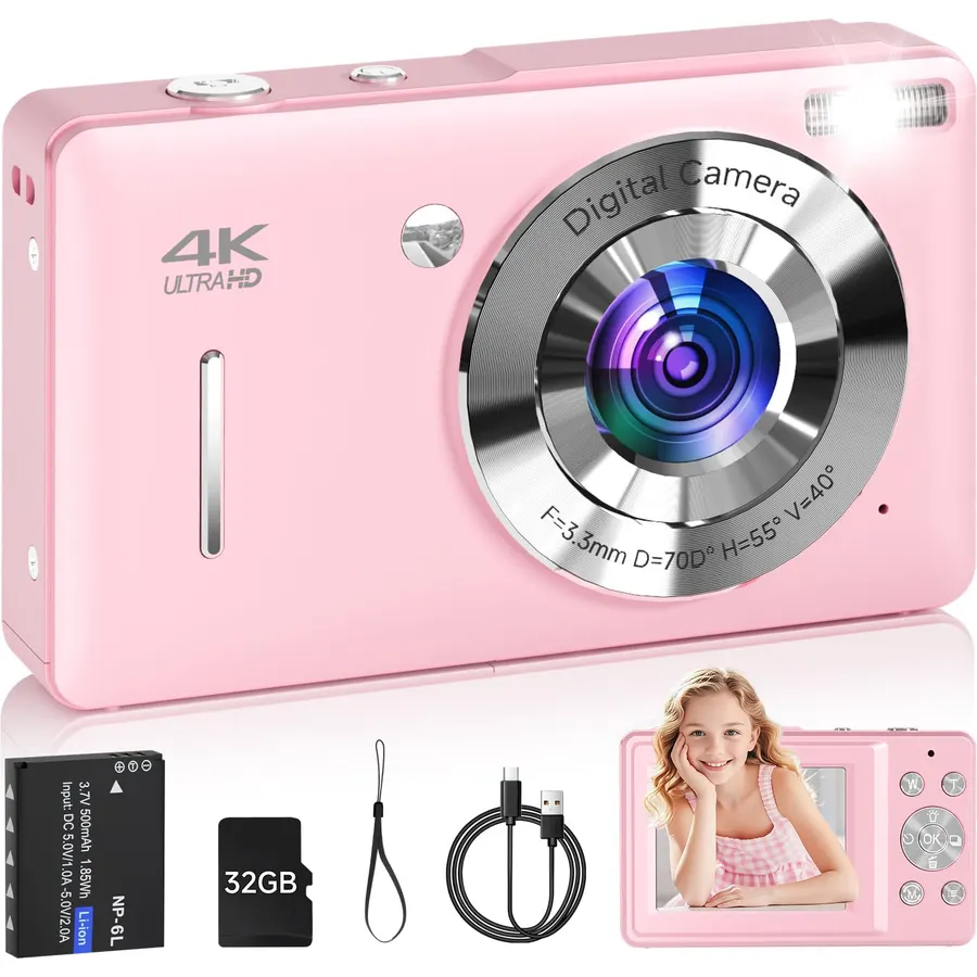Digital Camera for Kids, FHD 1080P 44MP Point and Shoot Digital Camera with Face Detect, Smile Capture, 16X Zoom, 20 Filters, Anti Shake, Pink Compact Vintage Camera