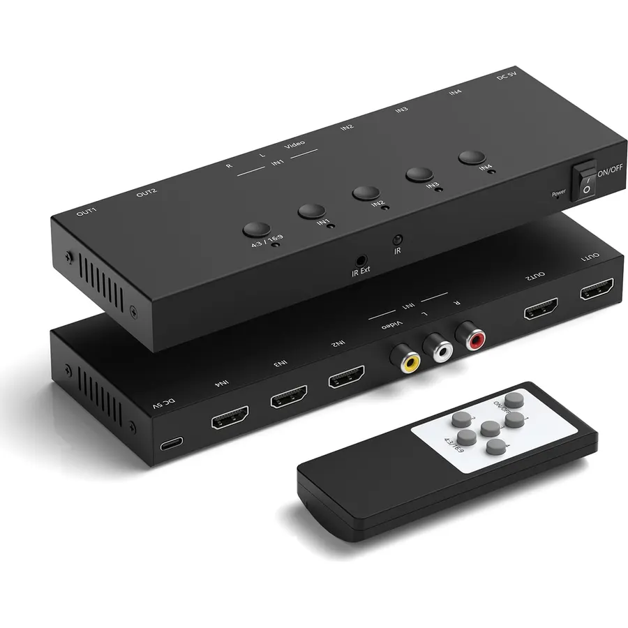 Dingsun 4In-4Out Converter, 3 Way HDMI 2.0+ RCA to 2 Way HDMI Converter for Fire Stick，ROKU, N64, NGC, Wii, PS2/3/4/5, Xbox Series, Xbox ONE, Switch ect.