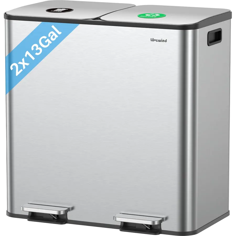 Dual Trash and Recycling Bins for Kitchen, 13+8 Gal Dual Trash Can, Silver