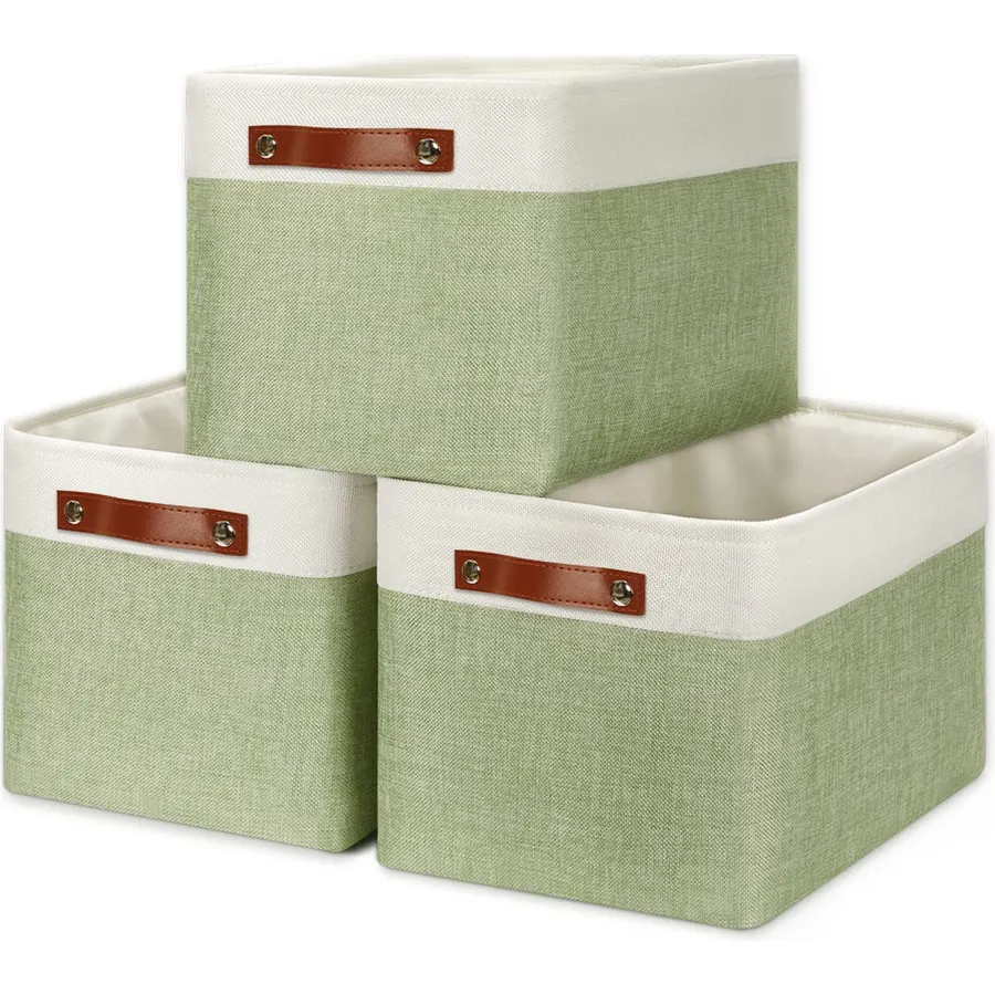 DULLEMELO Fabric Storage Bins for Laundry, Home, Foldable Storage Baskets for Shelves, Toys, Collapsible Storage Bins for Office,Bedroom(3-Pack Medium-15 inch X 11 inch X 9.5 inch , White&Green)