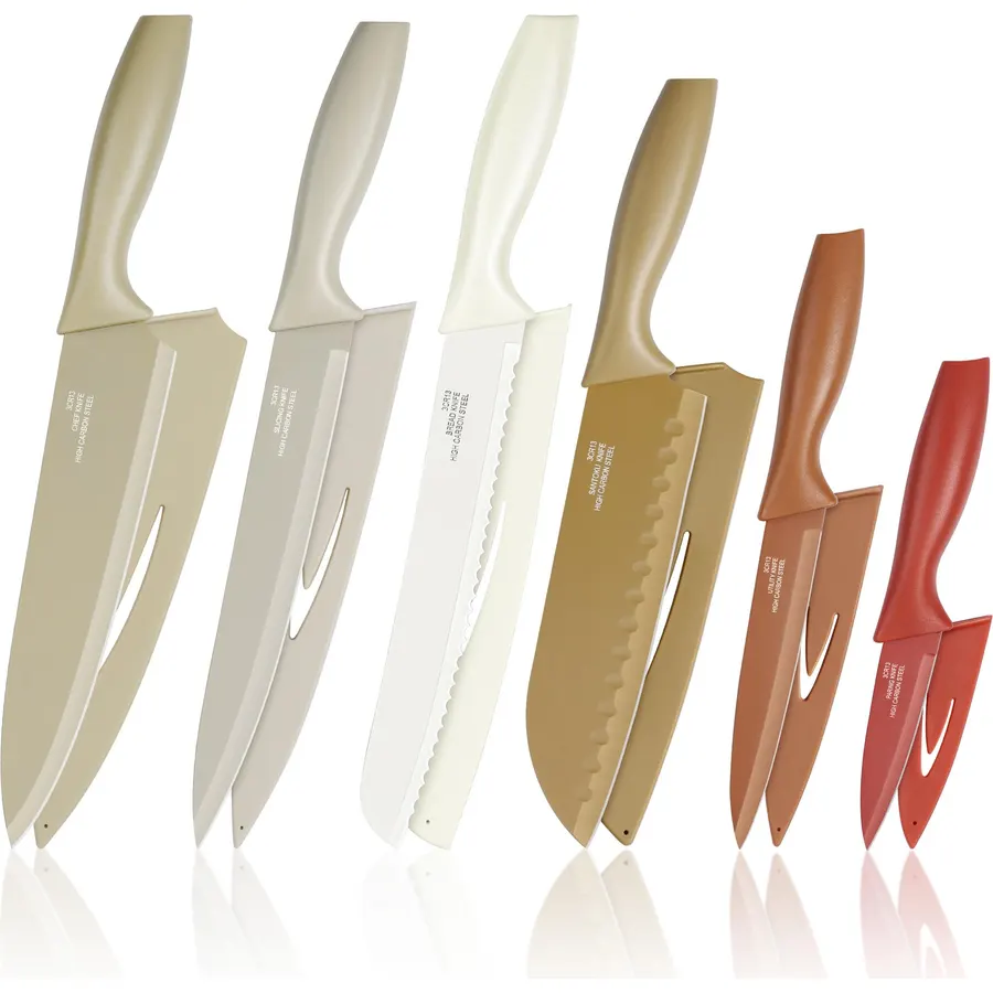 7-Piece Knife Set - Non-Stick Coated Kitchen Stainless Steel Chef Knives with Ergonomic Handles, Black
