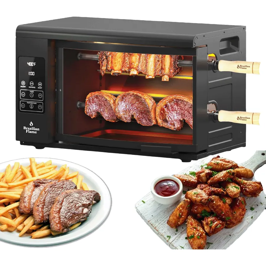Electric Rotisserie Oven Brazilian Flame VOLTA | Vertical Countertop Grill with Auto-Rotating Skewers Shawarma Grill Machine Meat Kebab | Indoor Adjustable Temperature | 8lb Capacity | World Cup Grill