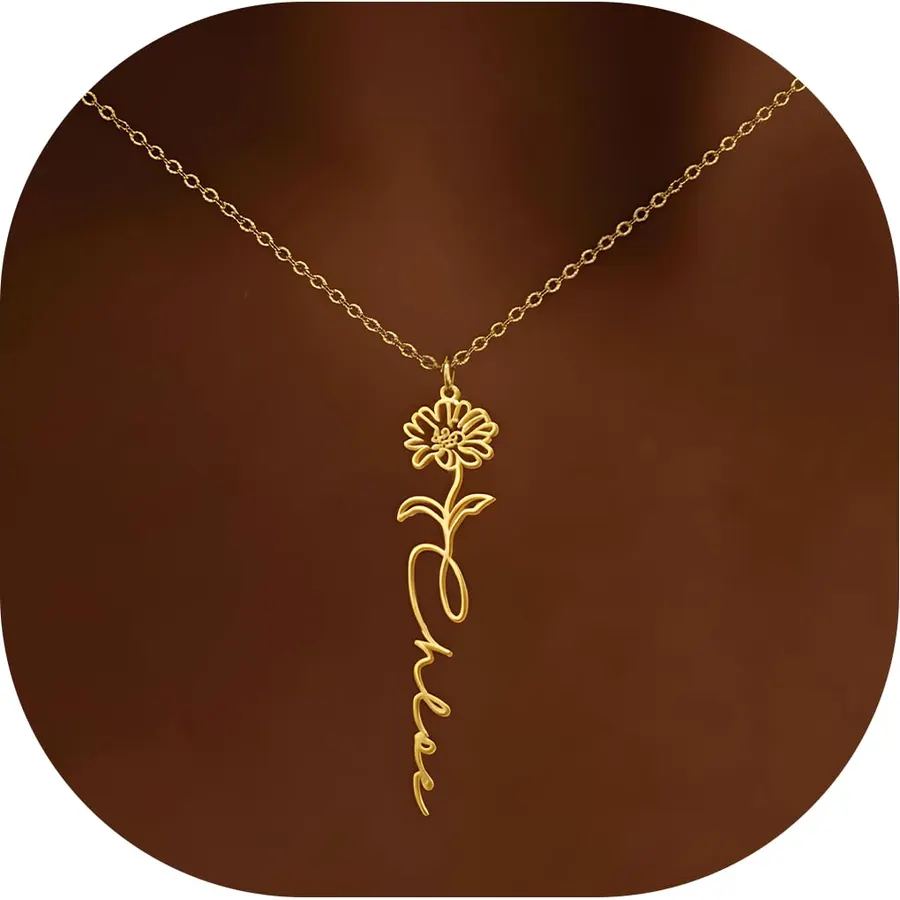 Elemtansy Custom Name Necklace with Birth Flower, Personalized Jewelry Necklaces for Women, 18K Gold Name Plate Necklaces Personalized Mothers Day Birthday Gifts for Women Sister Best Friend