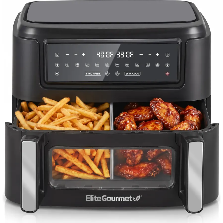 Elite Gourmet 11Qt Dual Zone Air Fryer Oven, Dual Basket, 1600W, PFAS-Free