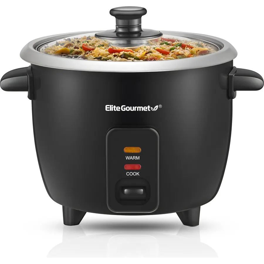 Elite Gourmet Electric Rice Cooker with Steam Tray and Non-Stick Inner Pot Makes Soups, Stews, Grains, Cereals, Keep Warm Feature, 6 Cups Cooked (3 Cups Uncooked), Black