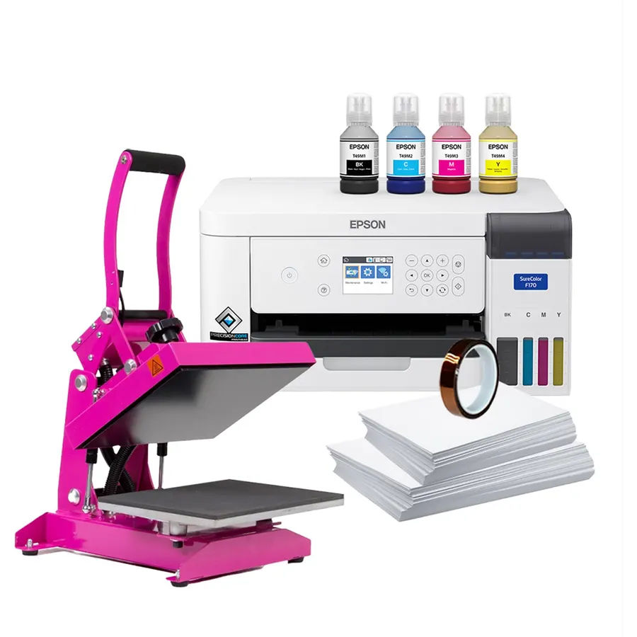 Epson SureColor F170 Dye-Sublimation Printer. Includes Full Set of Ink, User Guide, AC Power Cable, 9" x 12" Heat Press, Thermal Tape, 8.5" x 11" & 8.5" x 14" Paper SCF170